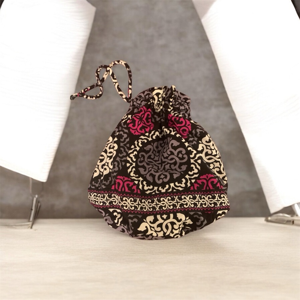 Vera Bradley Black and Cream Drawstring Bag with Pink Accents